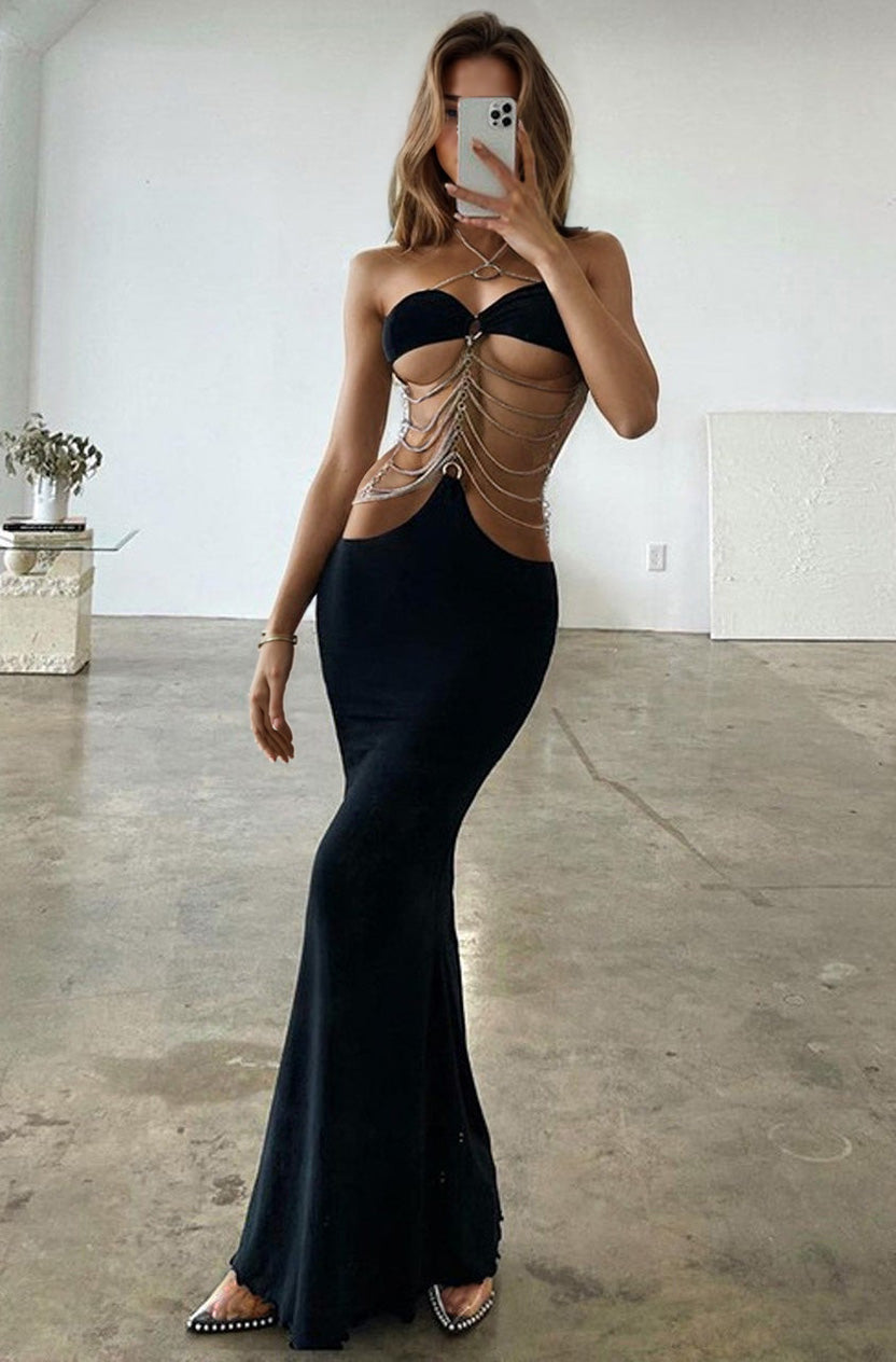 Ultra Sexy Drape Chain Black Dress, Open Stomach Dress 3wishes.com Ultra Sexy Drape Chain Black Dress, Open Stomach Dress 3wishes.com