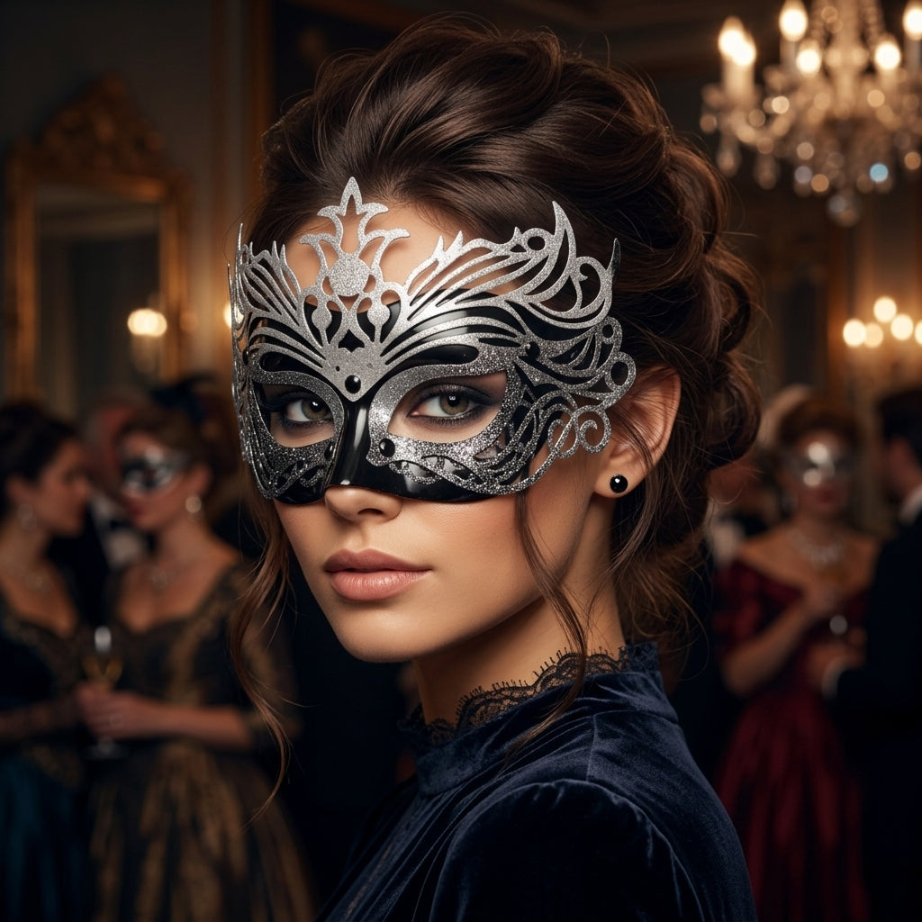 Midnight Elegance: Black & Silver Masquerade Mask
