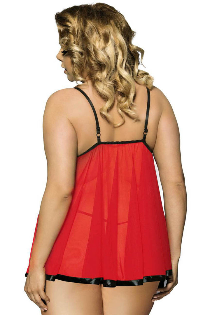 Plus Size Red and Black Mesh Babydoll