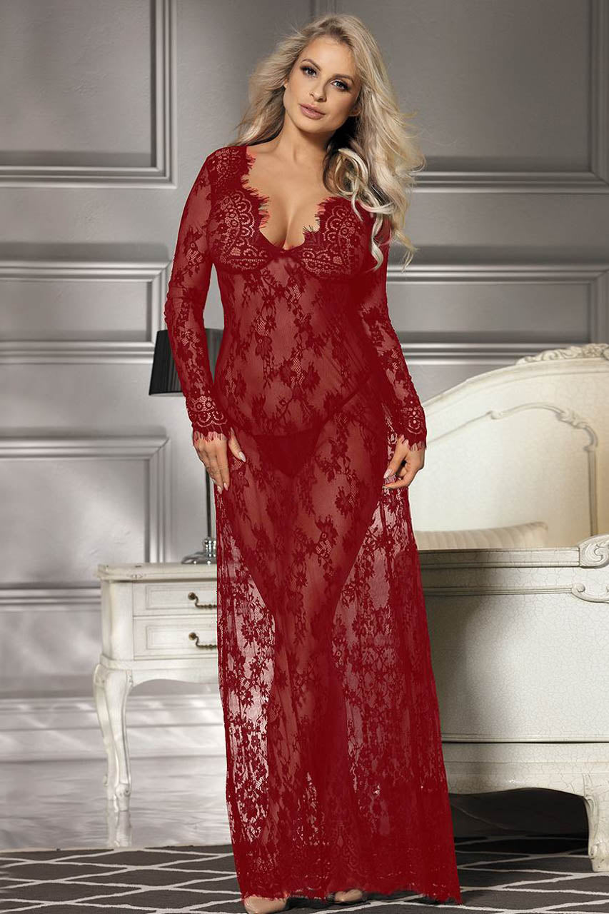 Long Lace V Neck Gown Lingerie, Lingerie Bedroom Gown  3wishes.com