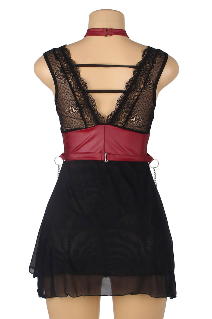 Black Mesh and Faux Leather Lingerie Chemise