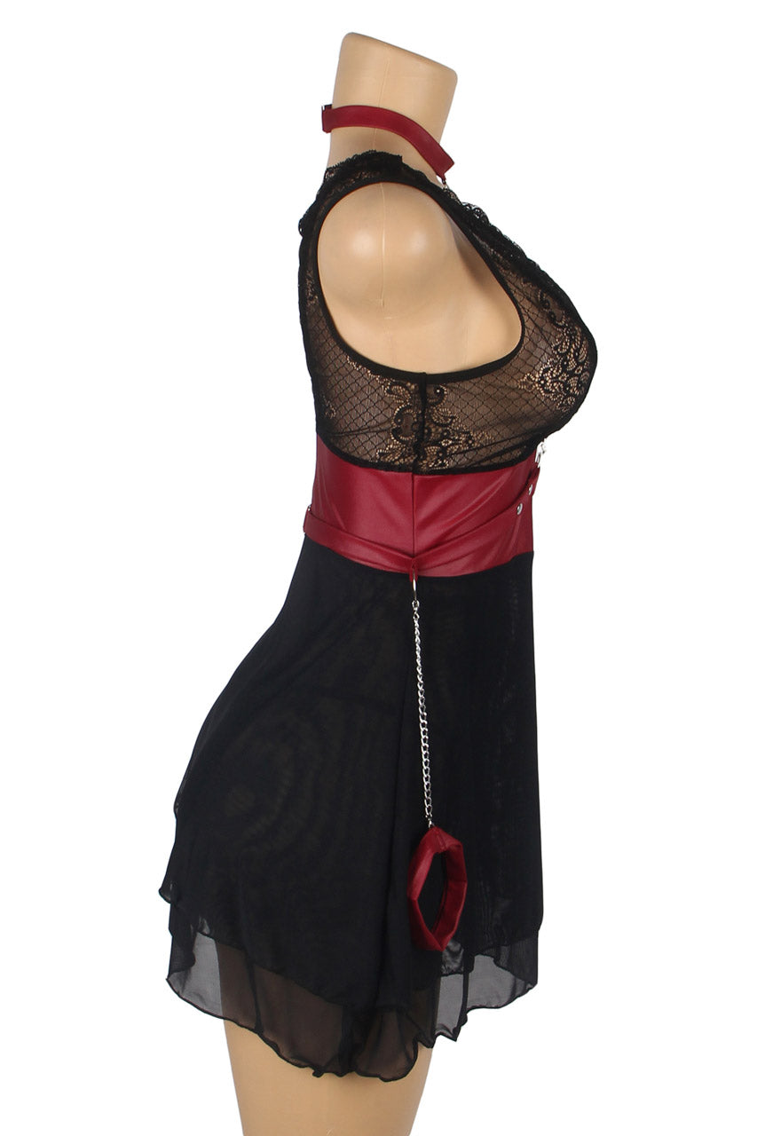 Black Mesh and Faux Leather Lingerie Chemise