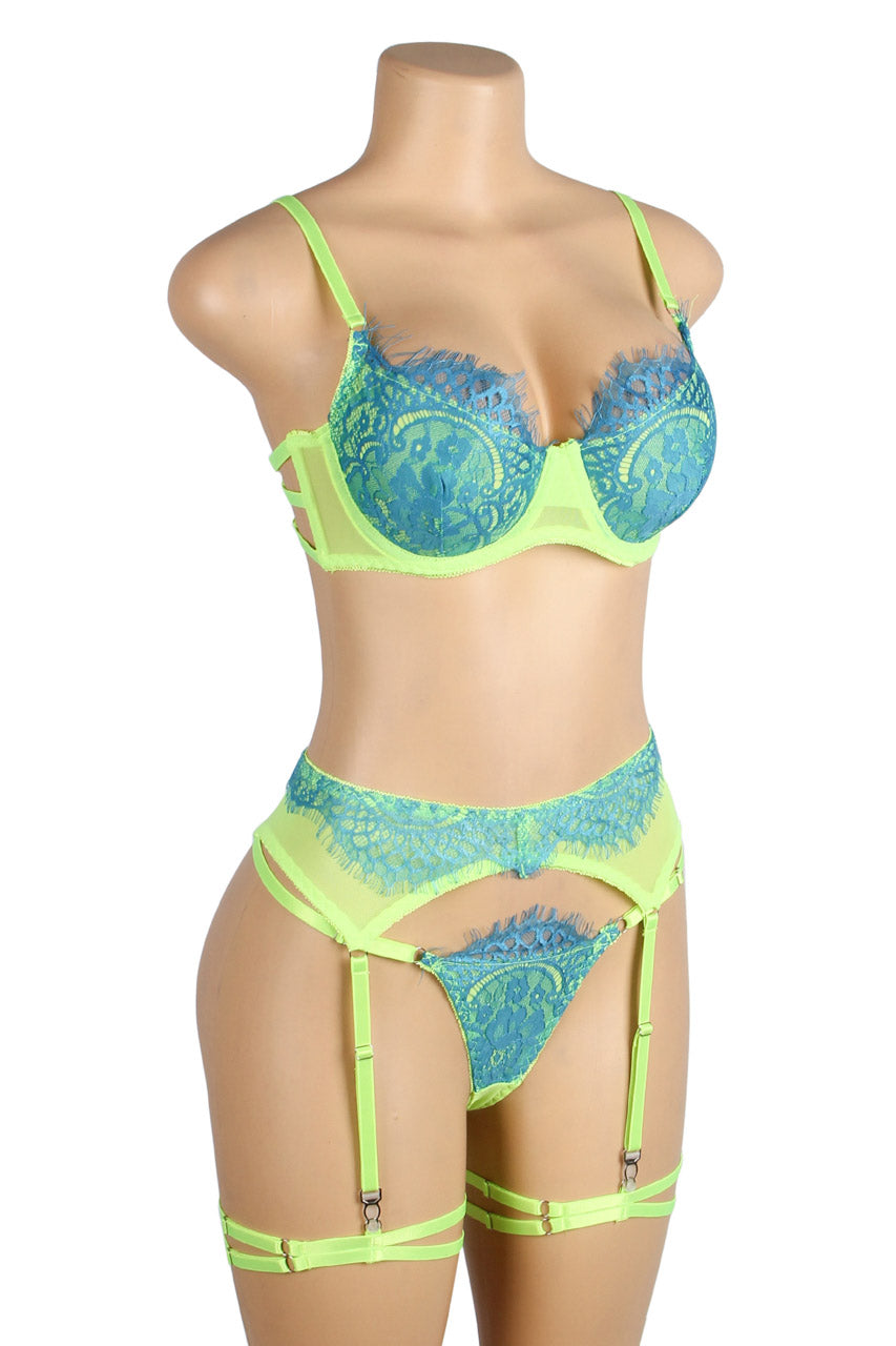 Neon Lace Bra and Garter Set