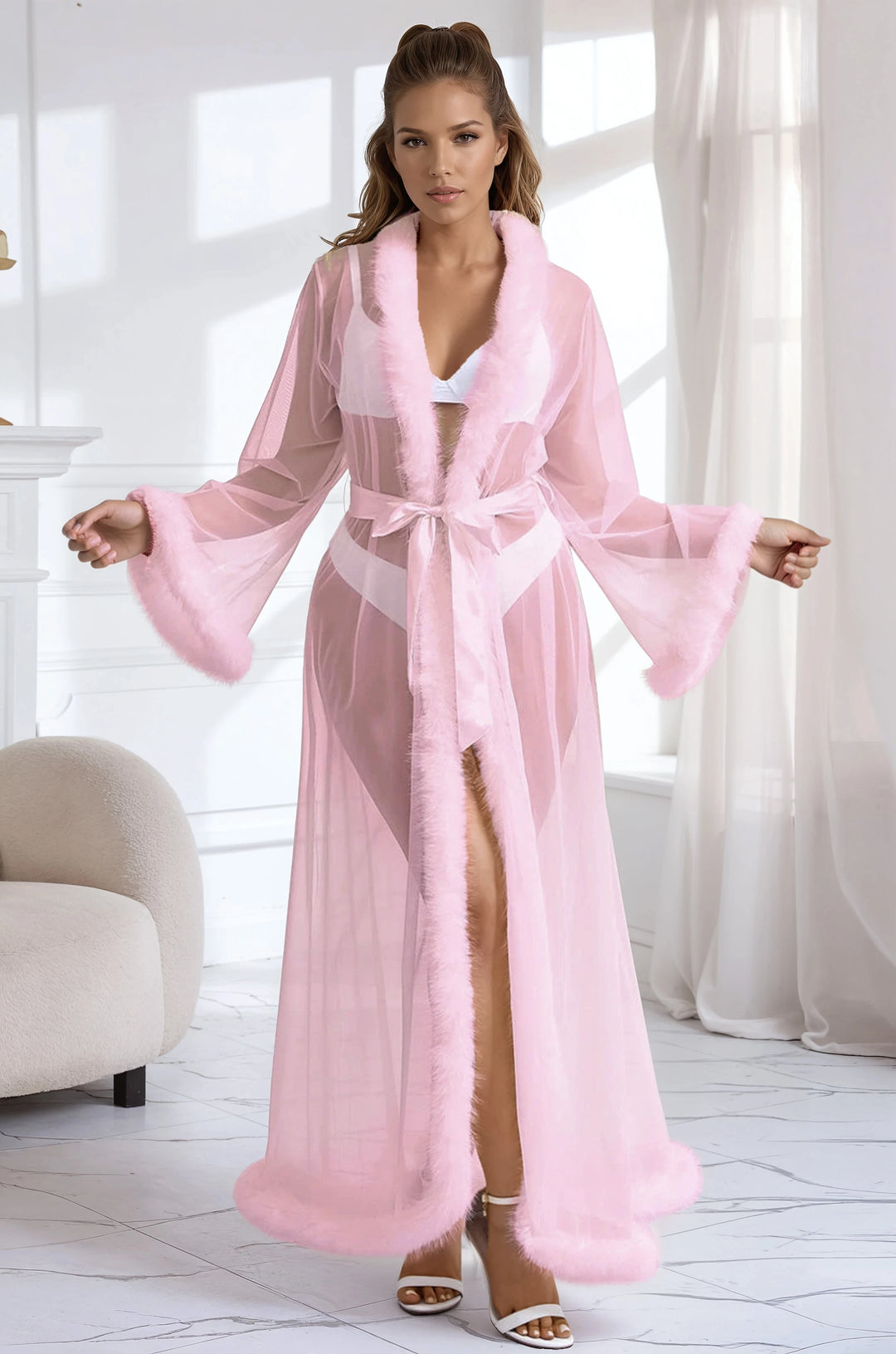 Sexy Mesh and Faux Fur Trim Robe