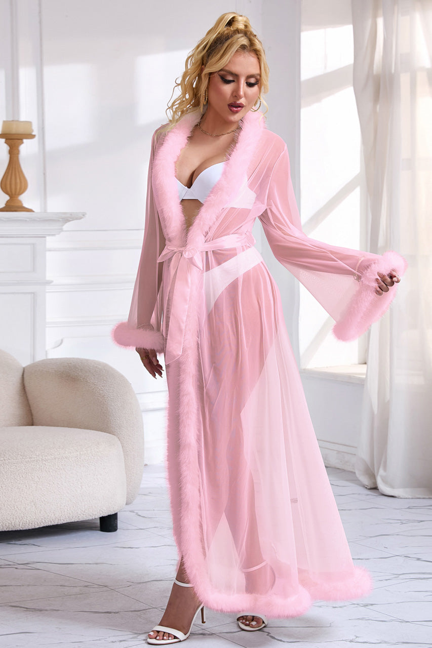 Sexy Mesh and Faux Fur Trim Robe