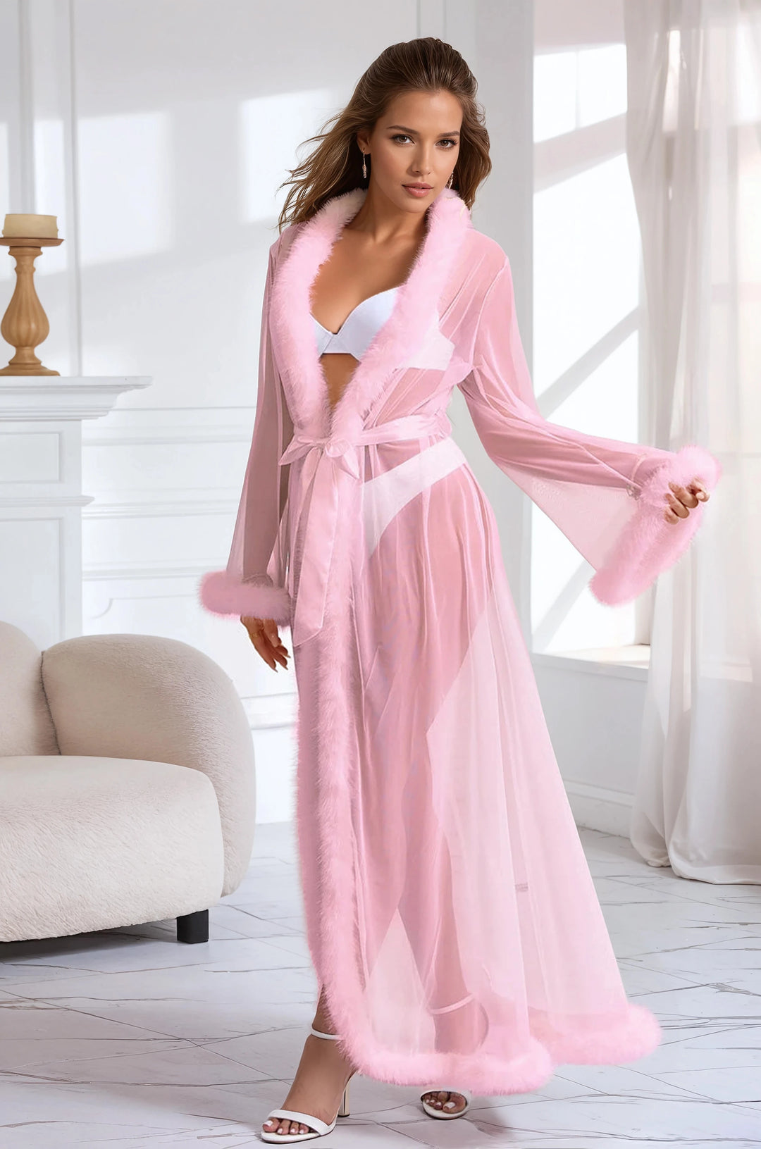 Sexy Mesh and Faux Fur Trim Robe