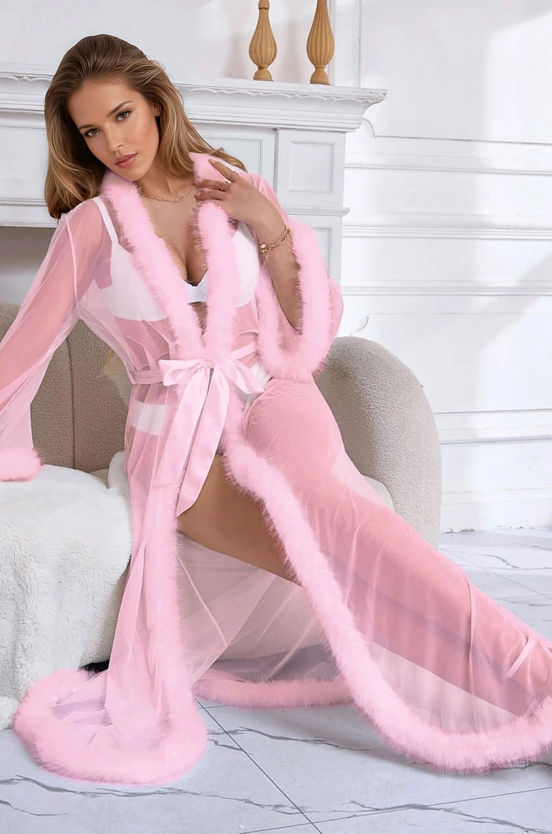 Sexy Mesh and Faux Fur Trim Robe