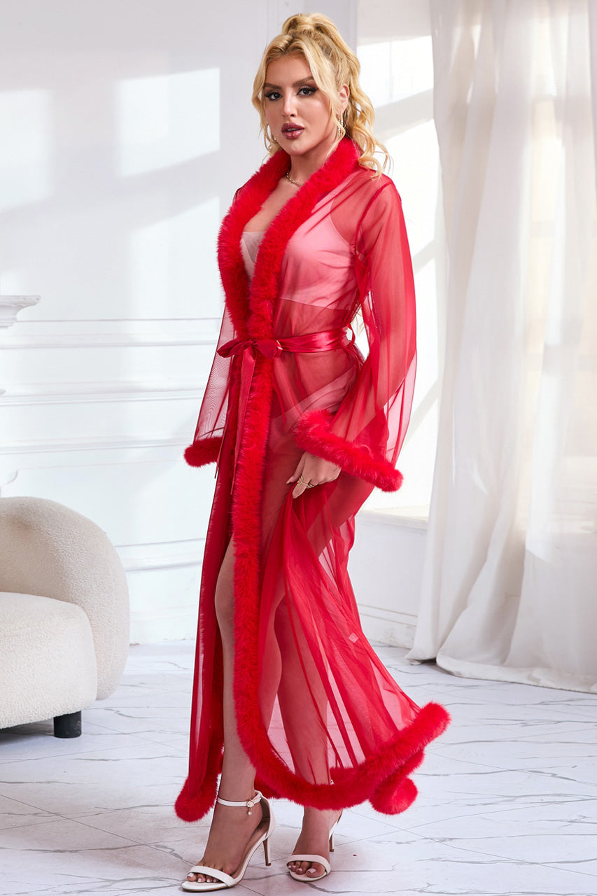 Sexy Mesh and Faux Fur Trim Robe