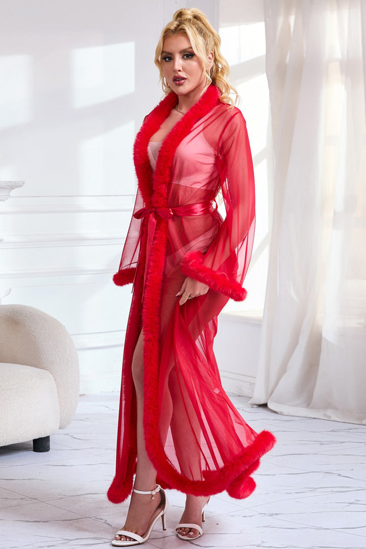 Sexy Mesh and Faux Fur Trim Robe