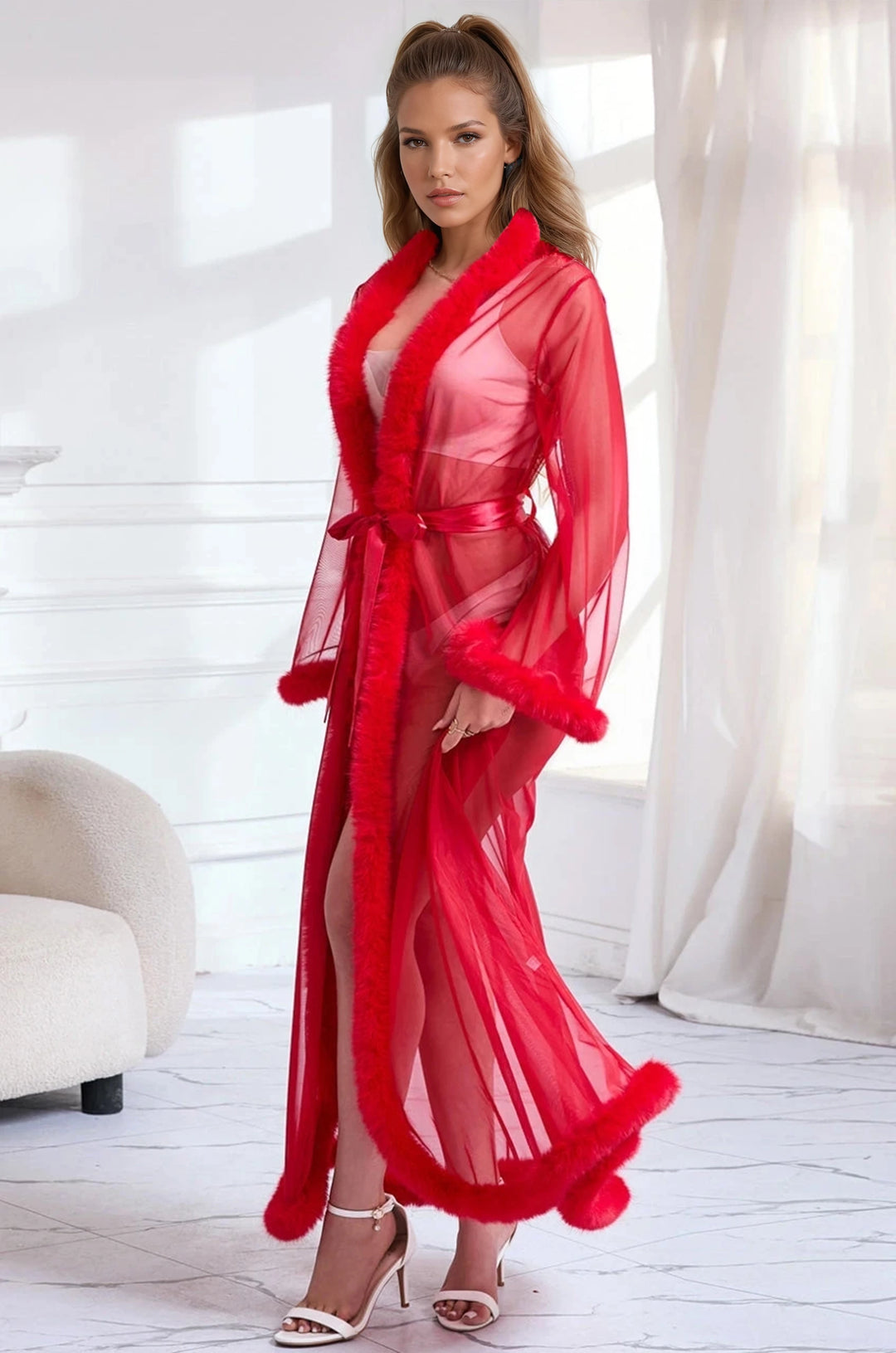 Fur Robe Bottom Half Sexy Mesh and Faux Fur Trim Robe – 3wishes.com