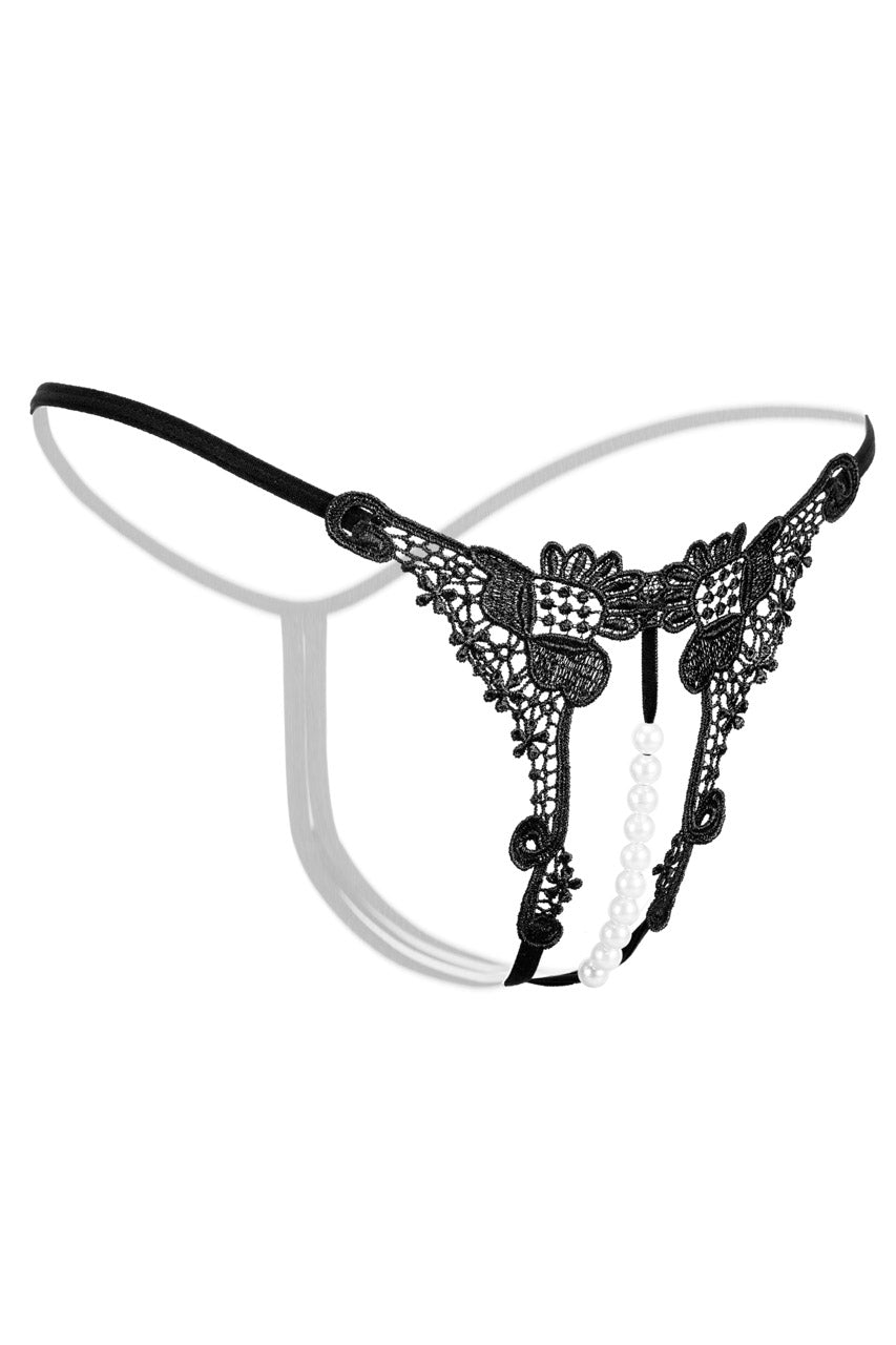 Embroidered Pearl Thong Lingerie, Black Pearl Panty