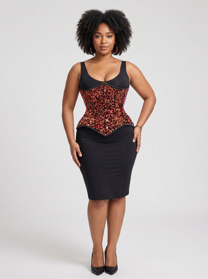 Multi Pink Sequin Curvy Cut Waist Cincher Corset