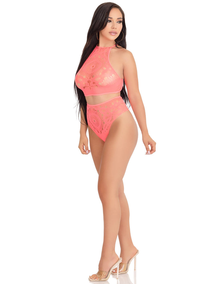 Crochet Lace Halter Crop Top and High Waist Thong Panties