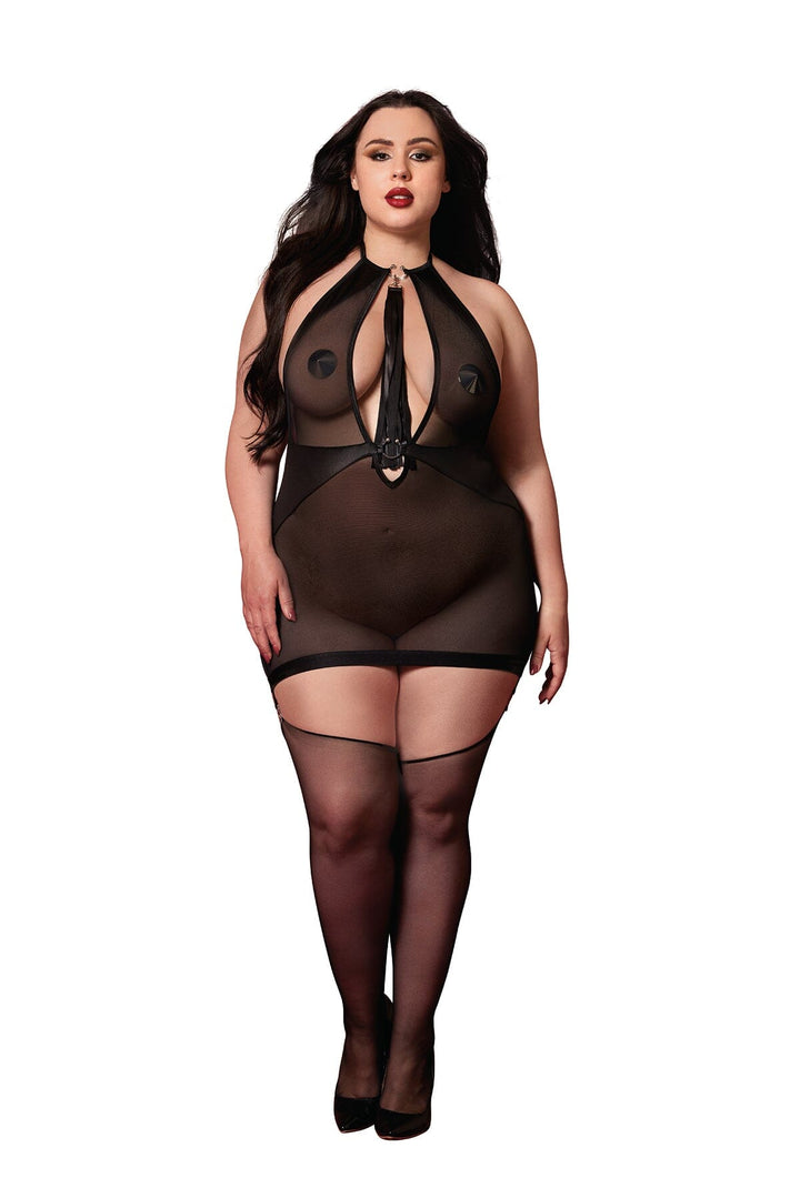 Dreamgirl Plus Black Fetish Garter Slip &amp; Flogger