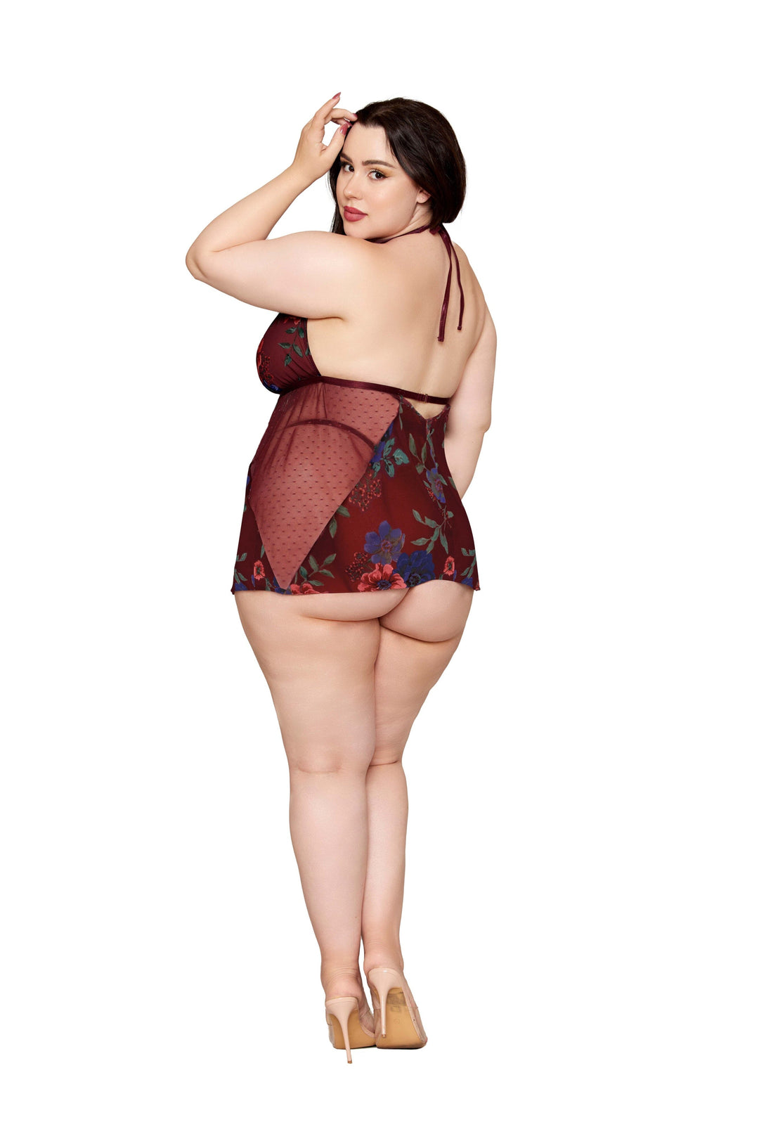 Dreamgirl Plus Floral Cherry Lacquer Babydoll &amp; G-String