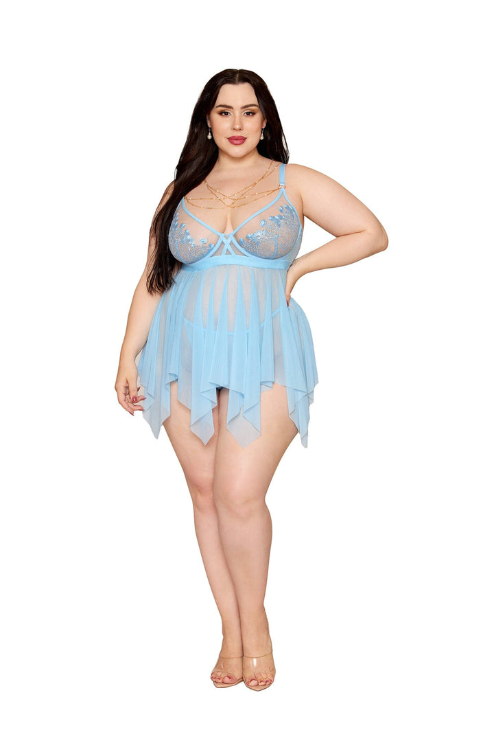 Dreamgirl Plus Mesh Lace Babydoll &amp; G-String - Arctic Blue