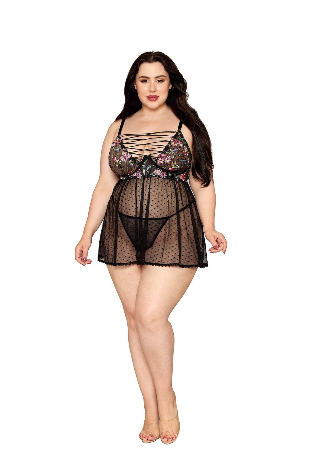 Dreamgirl Plus Black Floral Babydoll &amp; G-String