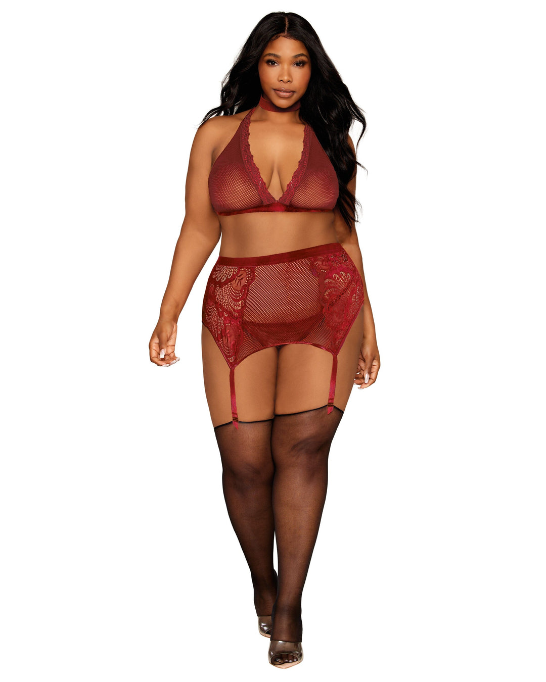 Dreamgirl Plus Velvet Trim Halter Bralette &amp; Garter Set