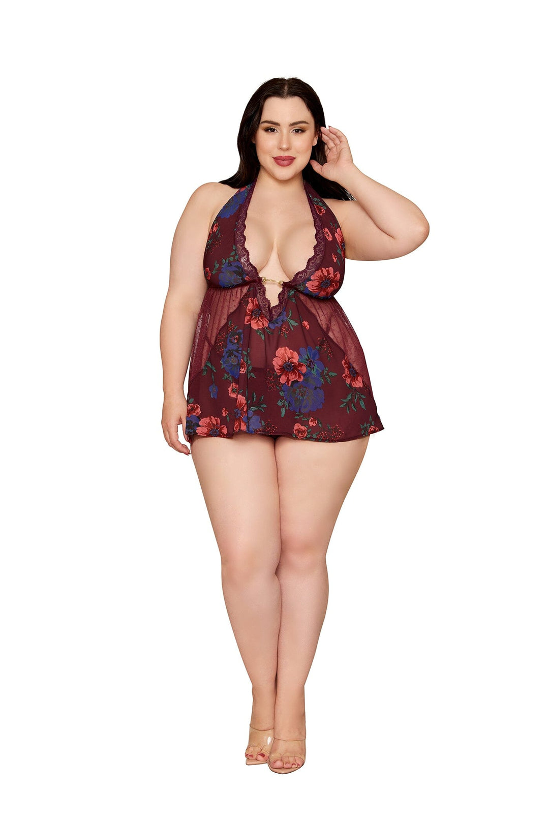 Dreamgirl Plus Floral Cherry Lacquer Babydoll &amp; G-String