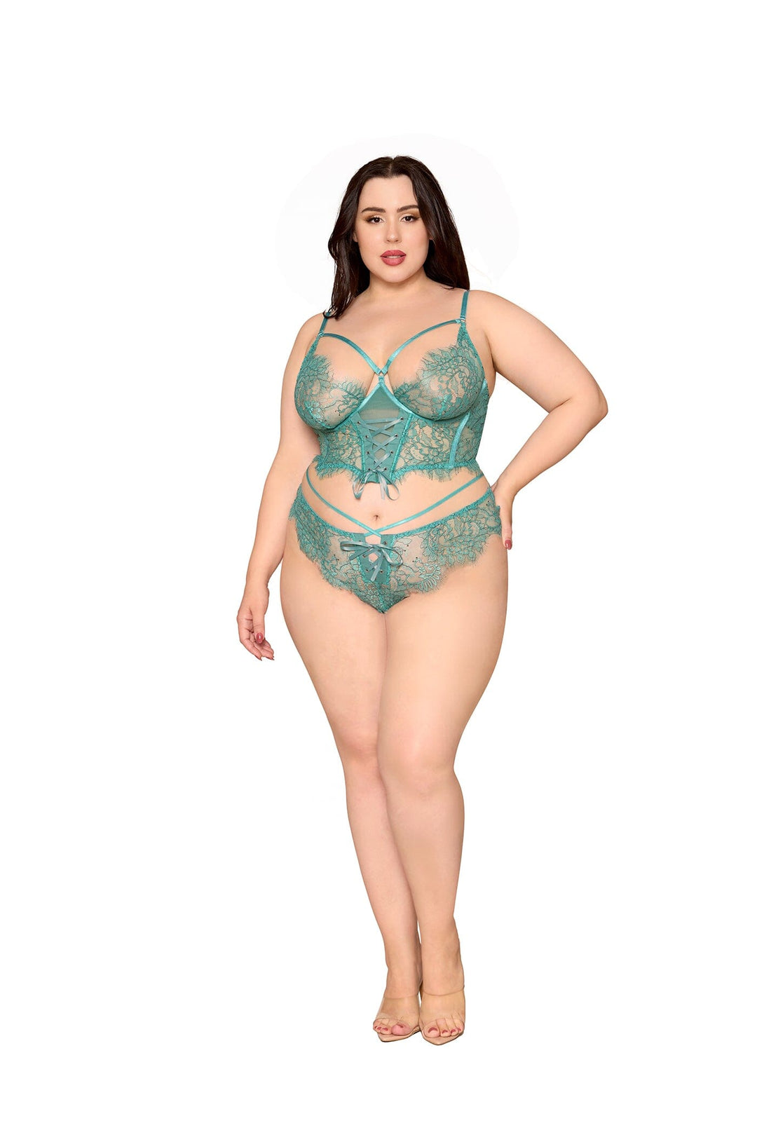 Dreamgirl Plus Lace Cropped Bustier &amp; Thong - Agate
