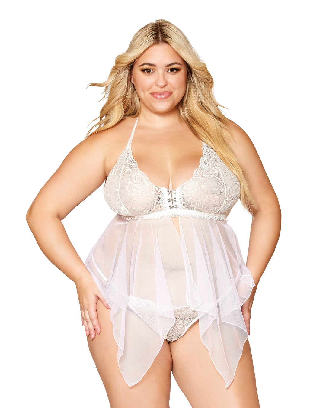 Dreamgirl Plus Lace and Mesh Babydoll and G-string Set
