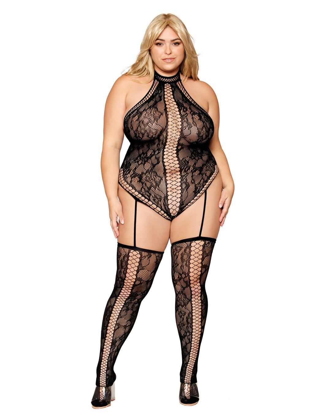 Dreamgirl Plus Lace Teddy Bodystocking with Thigh High Stockings