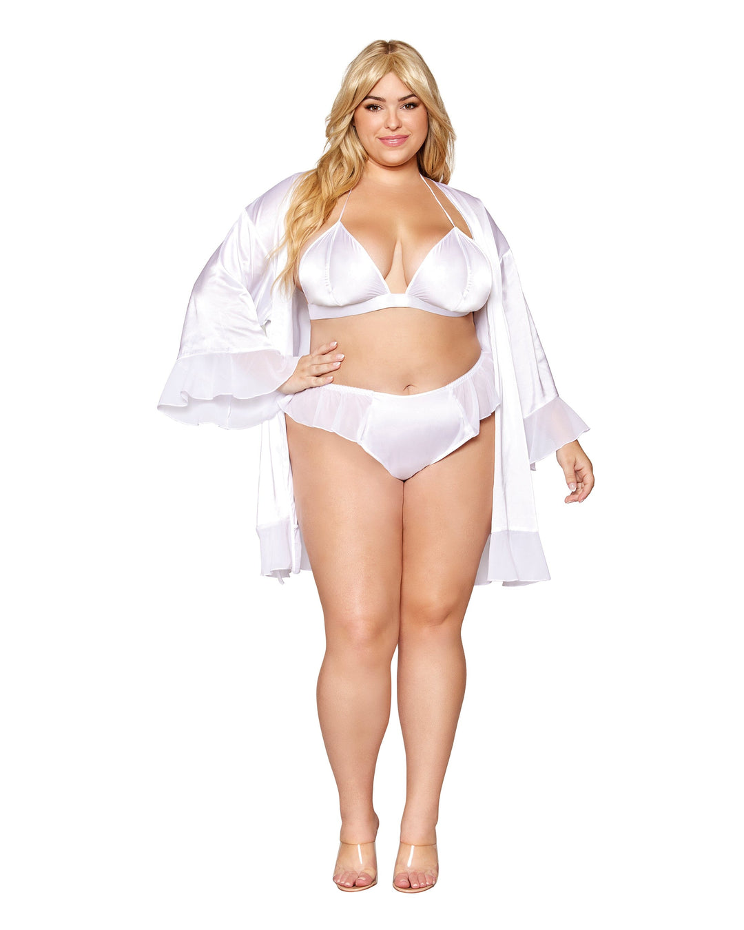 Dreamgirl Plus Matte Satin Robe, Bralette, and Thong Set