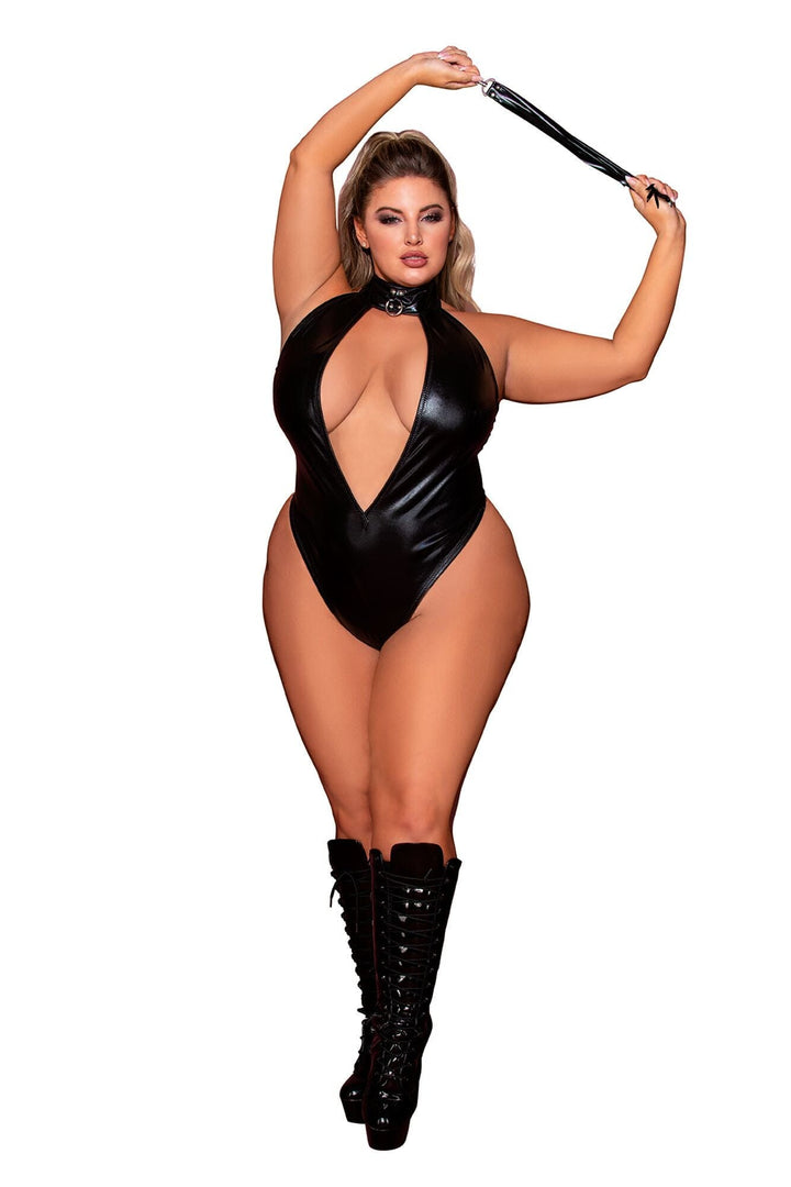 Dreamgirl Plus Faux-Leather Halter Teddy with Studded Collar &amp; Flogger Accessory