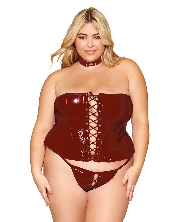 Dreamgirl Plus Vinyl Peplum Bustier, Collar, and G-String Set