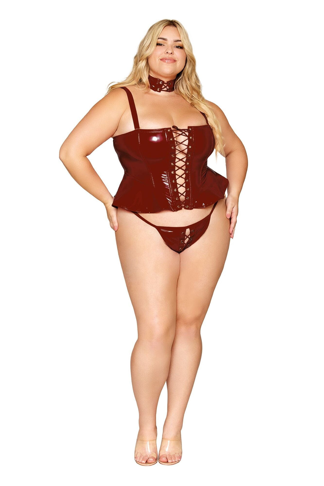 Dreamgirl Plus Vinyl Peplum Bustier, Collar, and G-String Set