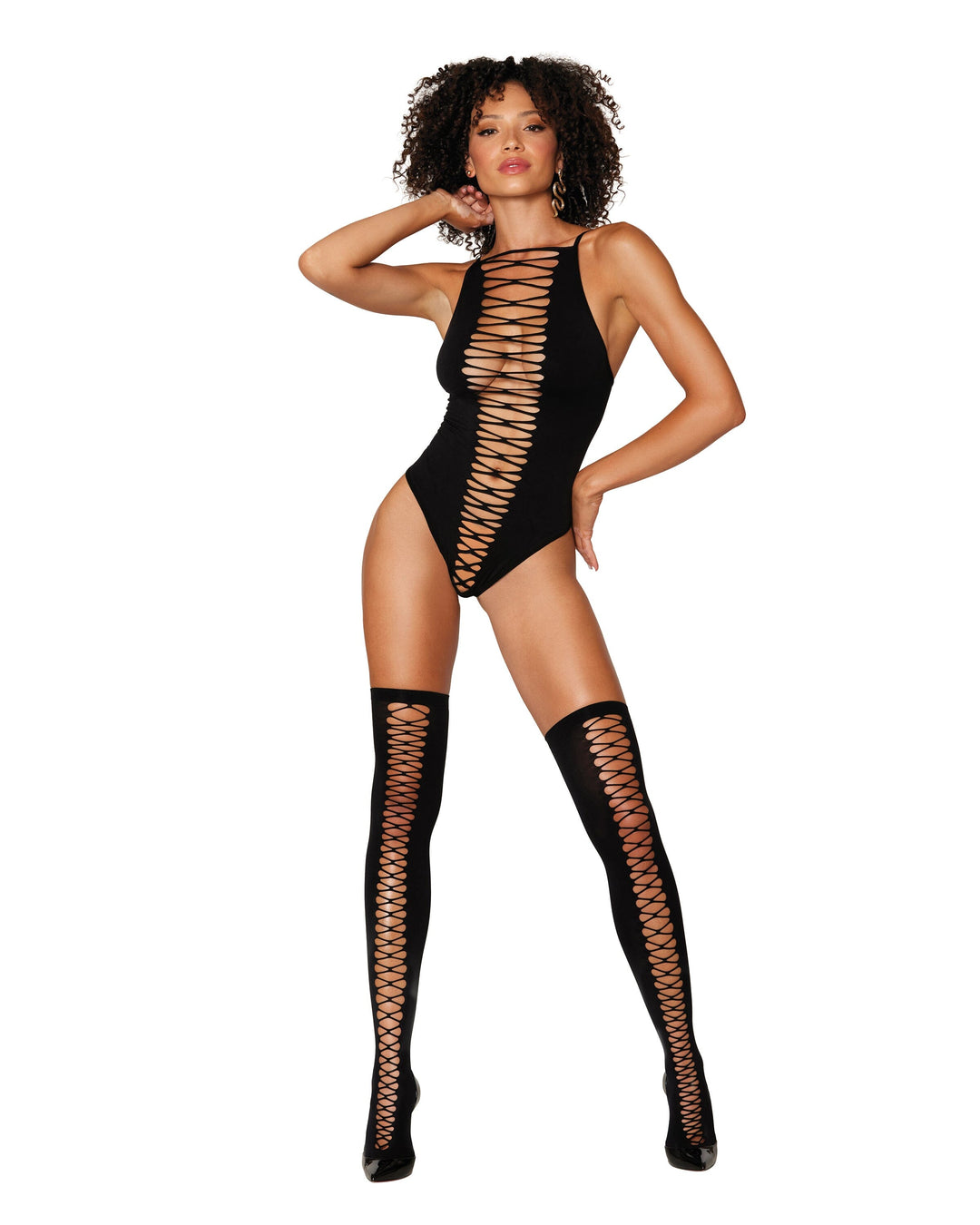 Dreamgirl Opaque Seamless Criss-Cross Teddy and Matching Stockings Set