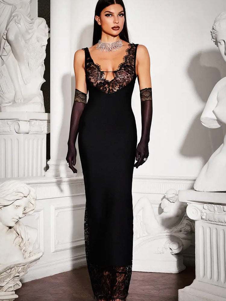 Black Plunge Lace Detail Maxi Dress