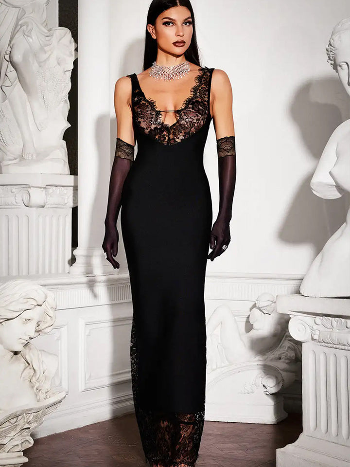 Black Plunge Lace Detail Maxi Dress