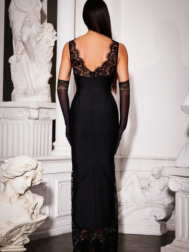 Black Plunge Lace Detail Maxi Dress