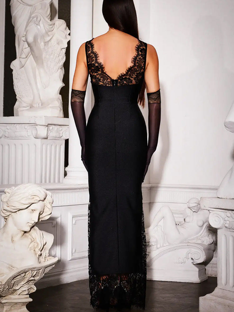 Black Plunge Lace Detail Maxi Dress