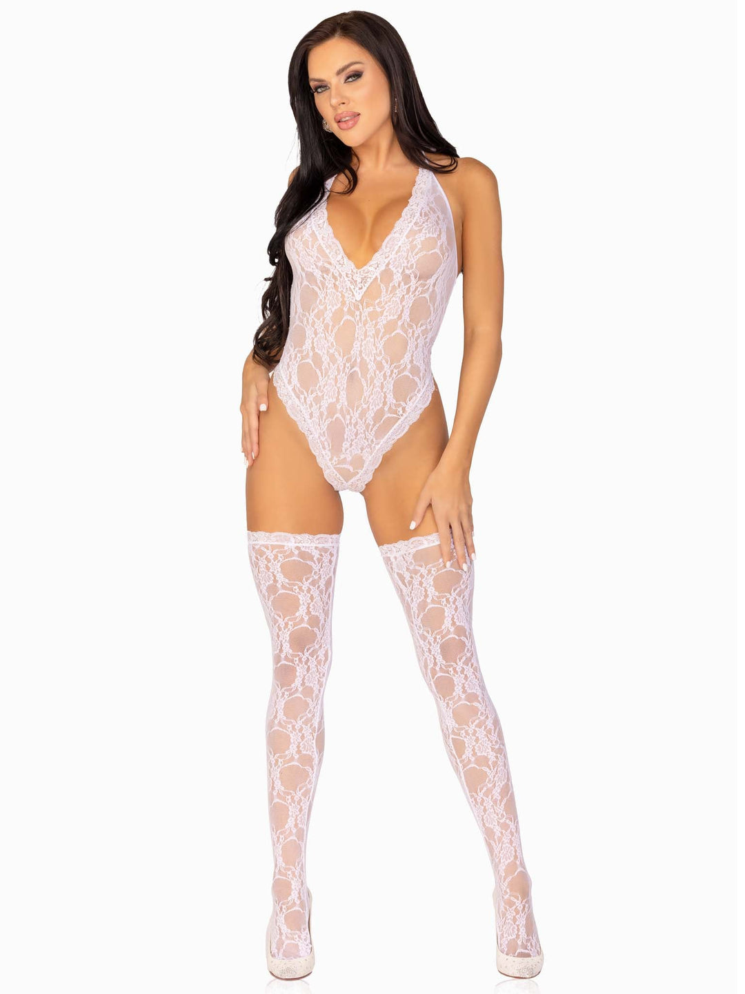 Floral Lace Deep-V Teddy and Matching Stockings