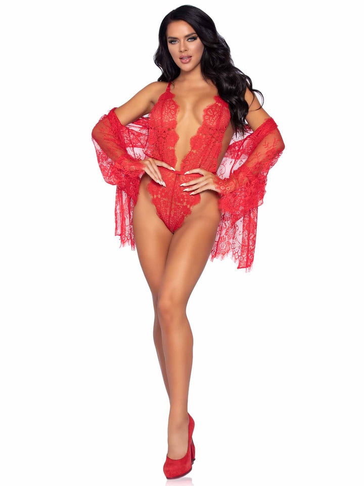 Floral Lace Thong Back Teddy, Scalloped Lace Robe, and Satin Tie