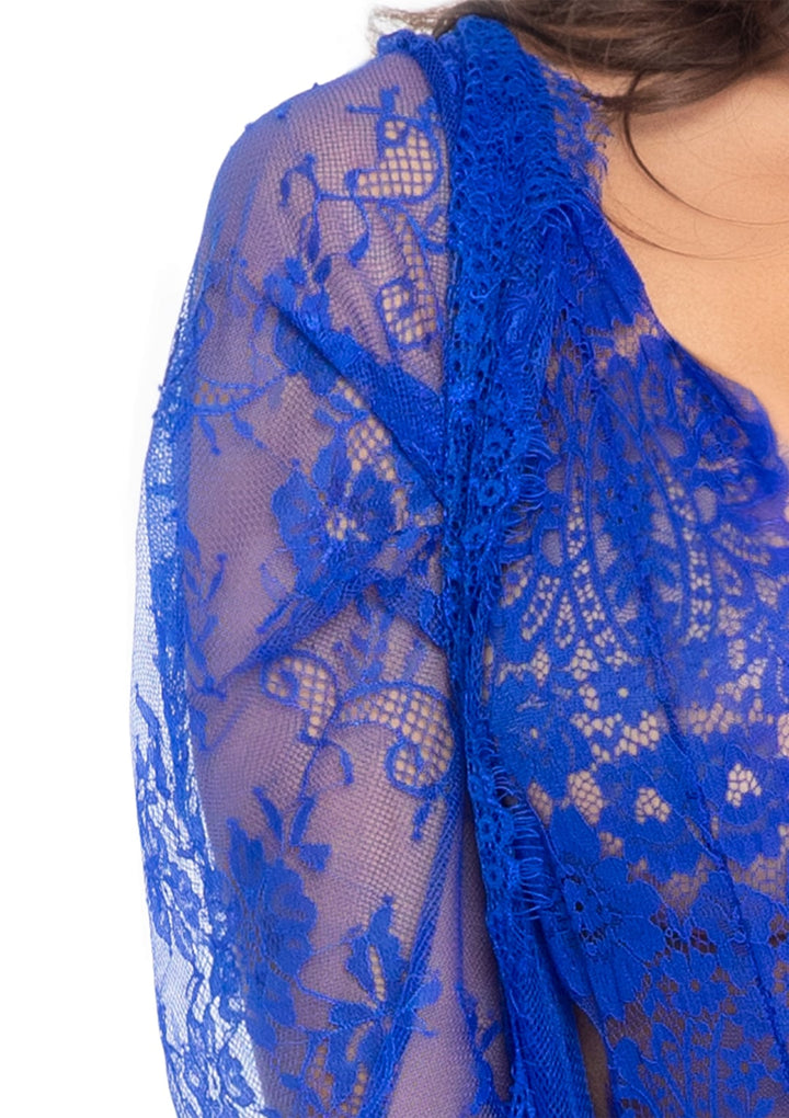 Floral Lace Thong Back Teddy, Scalloped Lace Robe, and Satin Tie