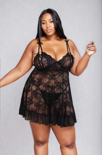 Plus Size Lace and Net Open Tip Baby Doll 3394