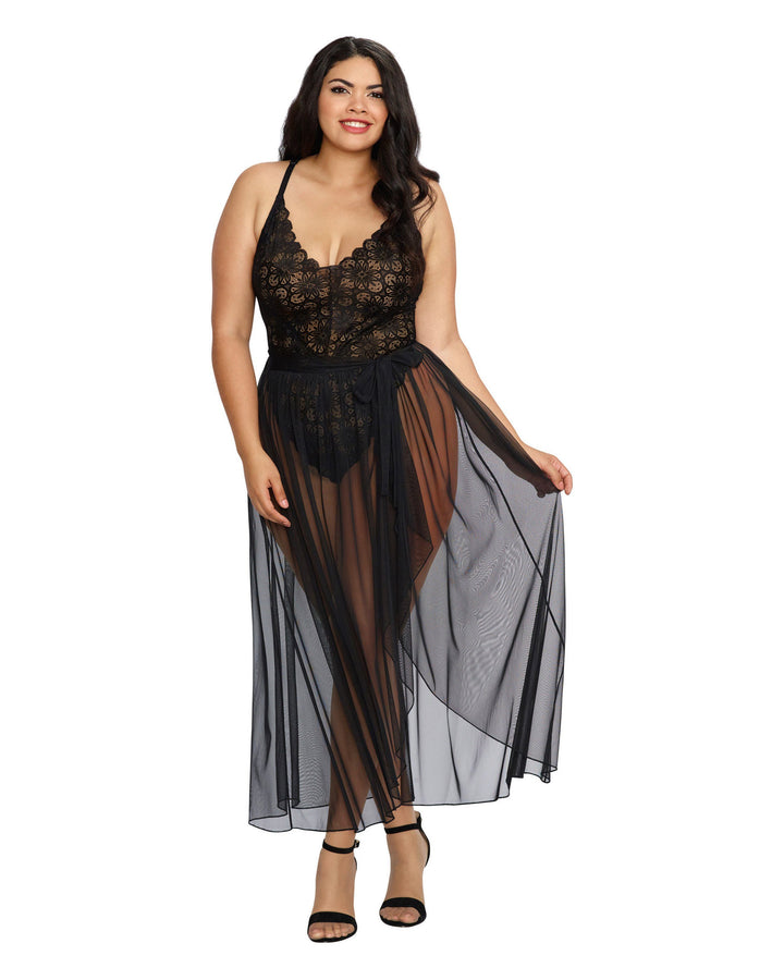 Dreamgirl Plus Mosaic Lace Teddy &amp; Sheer Skirt