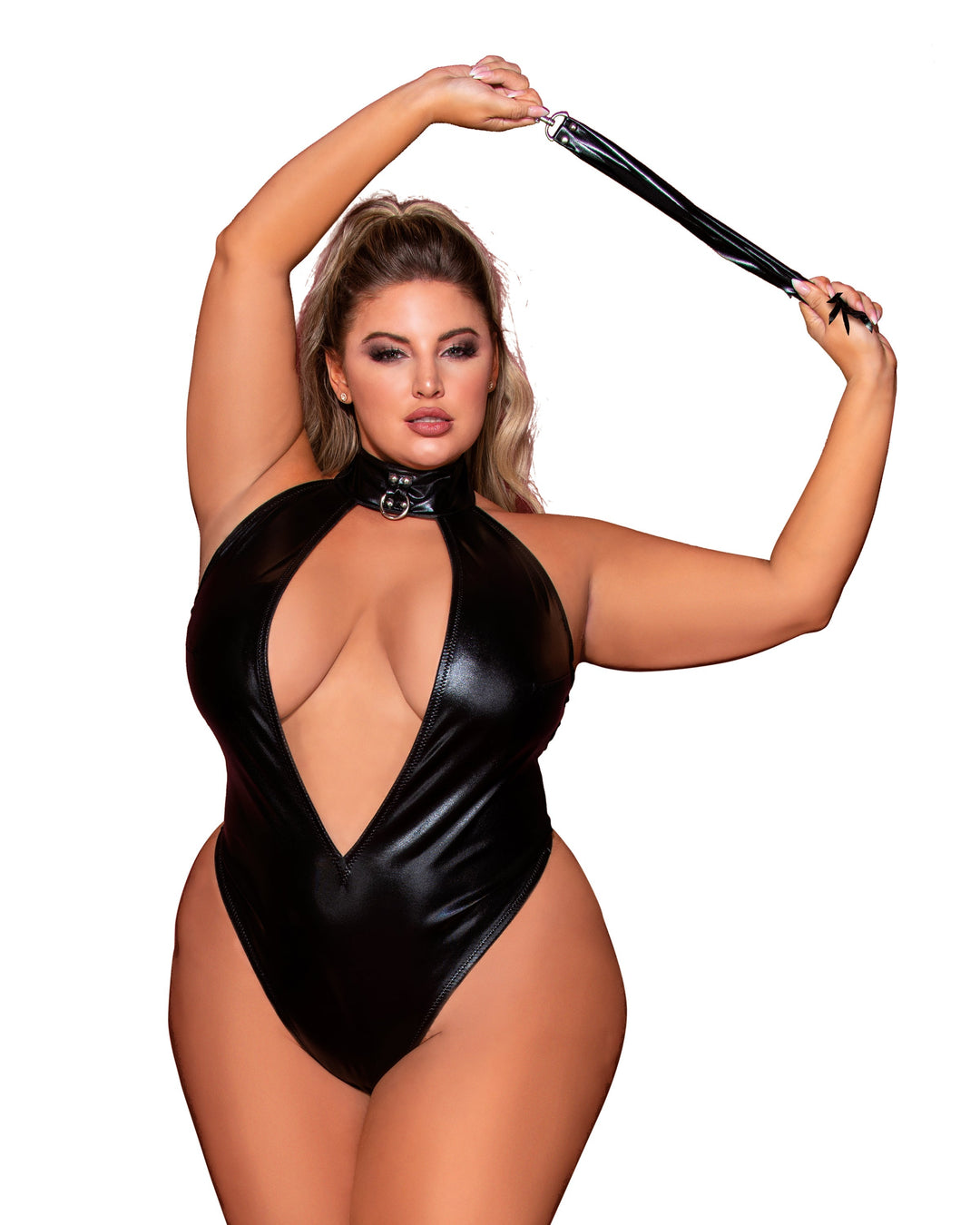 Dreamgirl Plus Faux-Leather Halter Teddy with Studded Collar &amp; Flogger Accessory