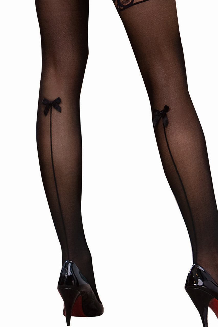 Shop these backseam thigh highs with lace tops and bows
