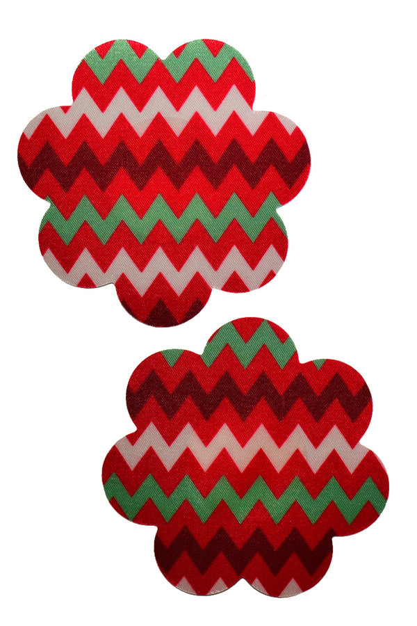 Red petal nipple pasties with white and green zig zag stripes