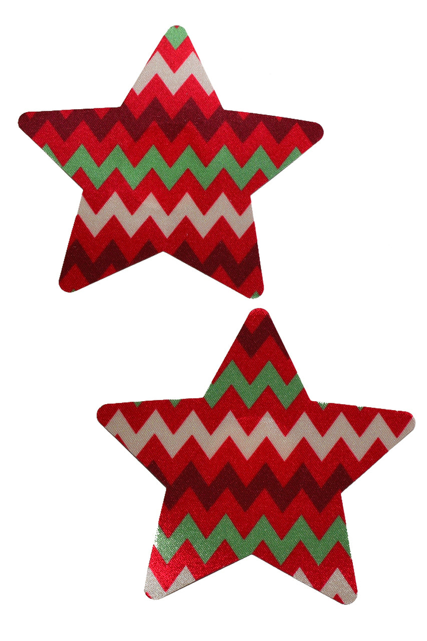 Red star nipple pasties with white and green zig zag stripes