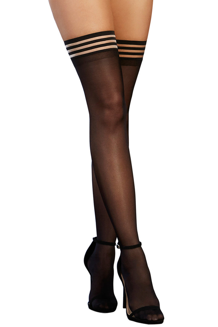 Shop this women's black opaque thigh highs with striped tops