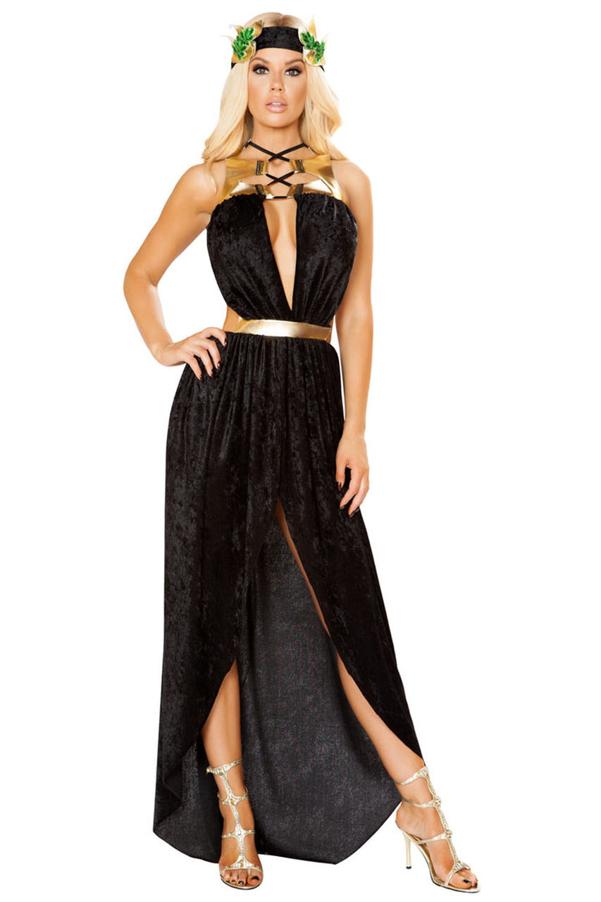 Shop women's sexy Greek Goddess 2017 costume with black velvet draped tunic and gold trim