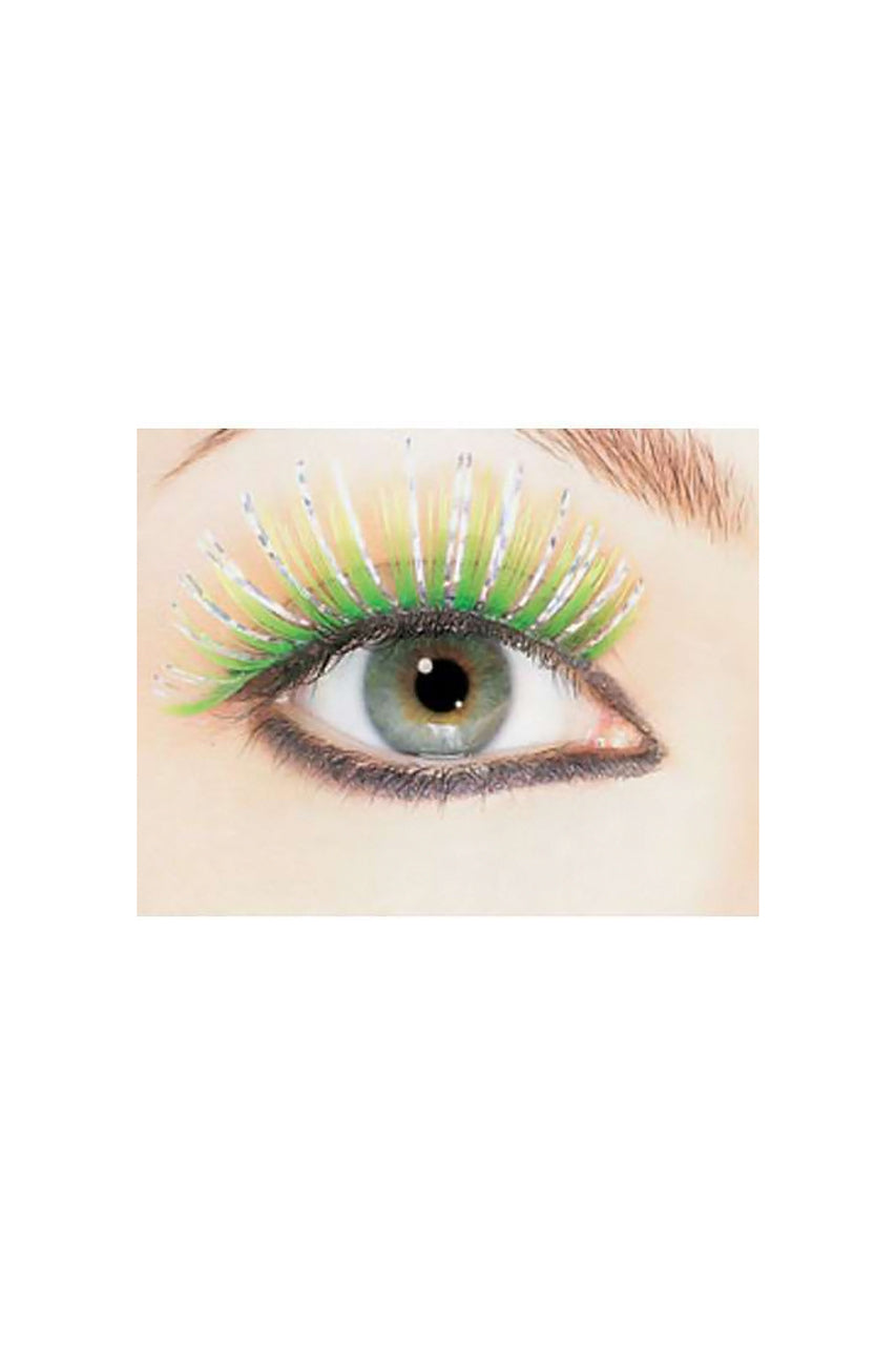 Green eyelashes with tinsel strands, poison ivy costume accessories, Poison ivy makeup