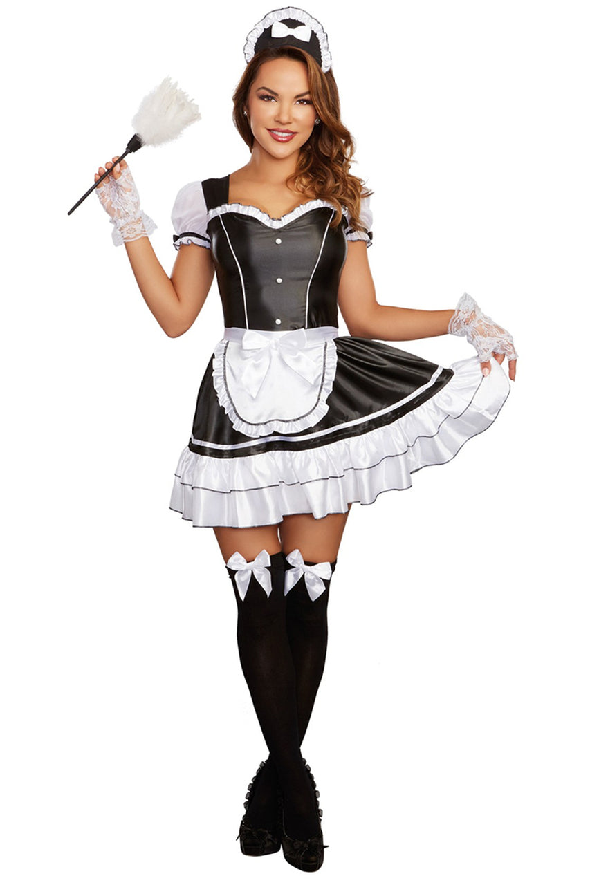 Shop this sexy French maid costume with satin dress, satin apron, and headpiece