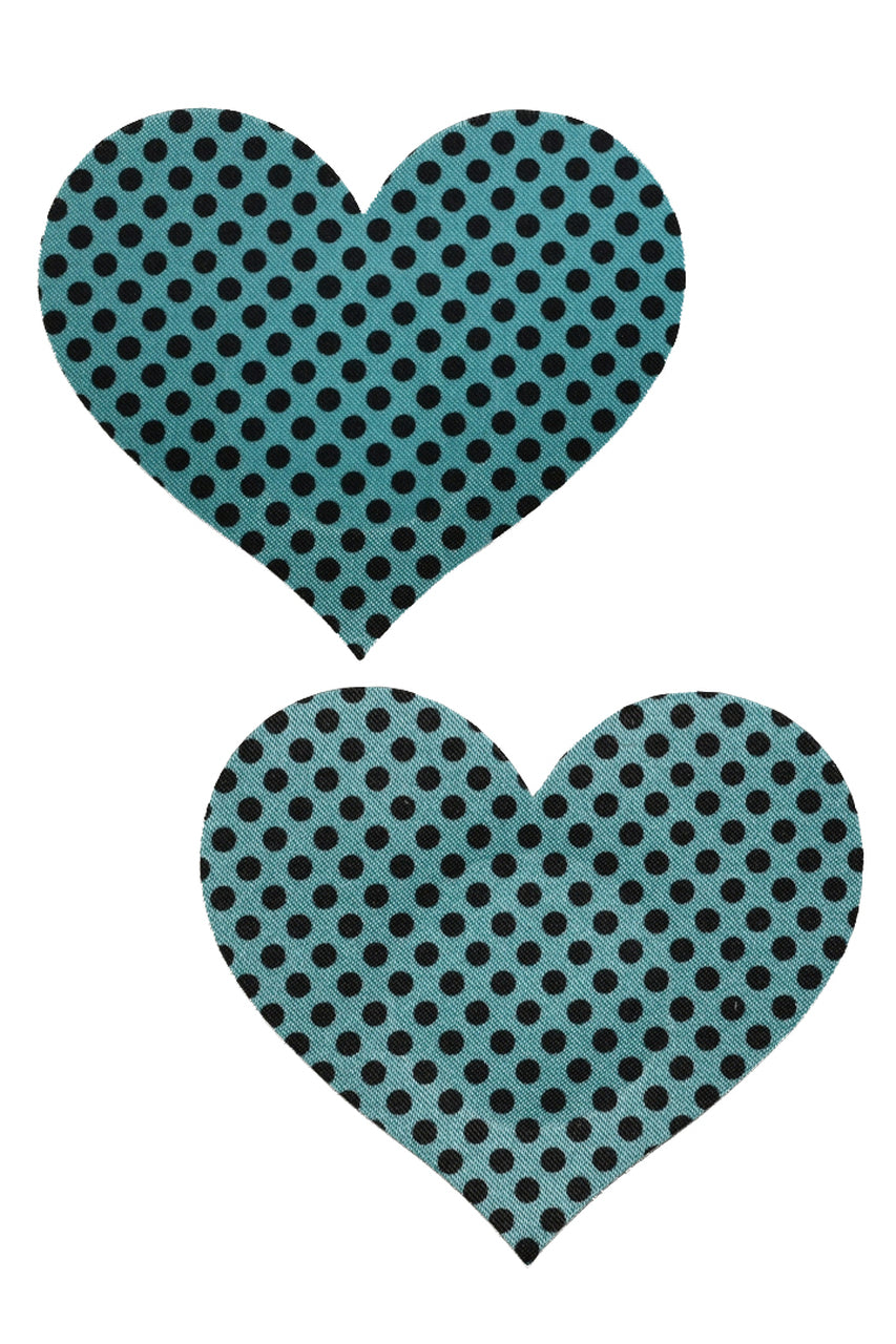 Aqua blue heart nipple pasties with mini black dots