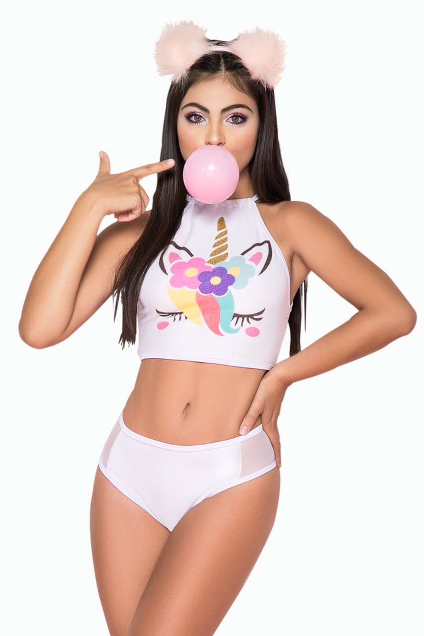Shop this women's sexy unicorn costume featuring a white rave wear unicorn set with white crop top and white mesh panty booty shorts